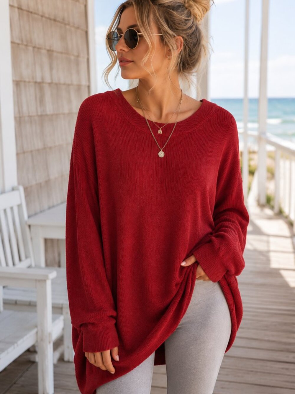 Free People FP Beach Oversized Waffle Knit Tunic Sweater Red Large Boho Slouchy